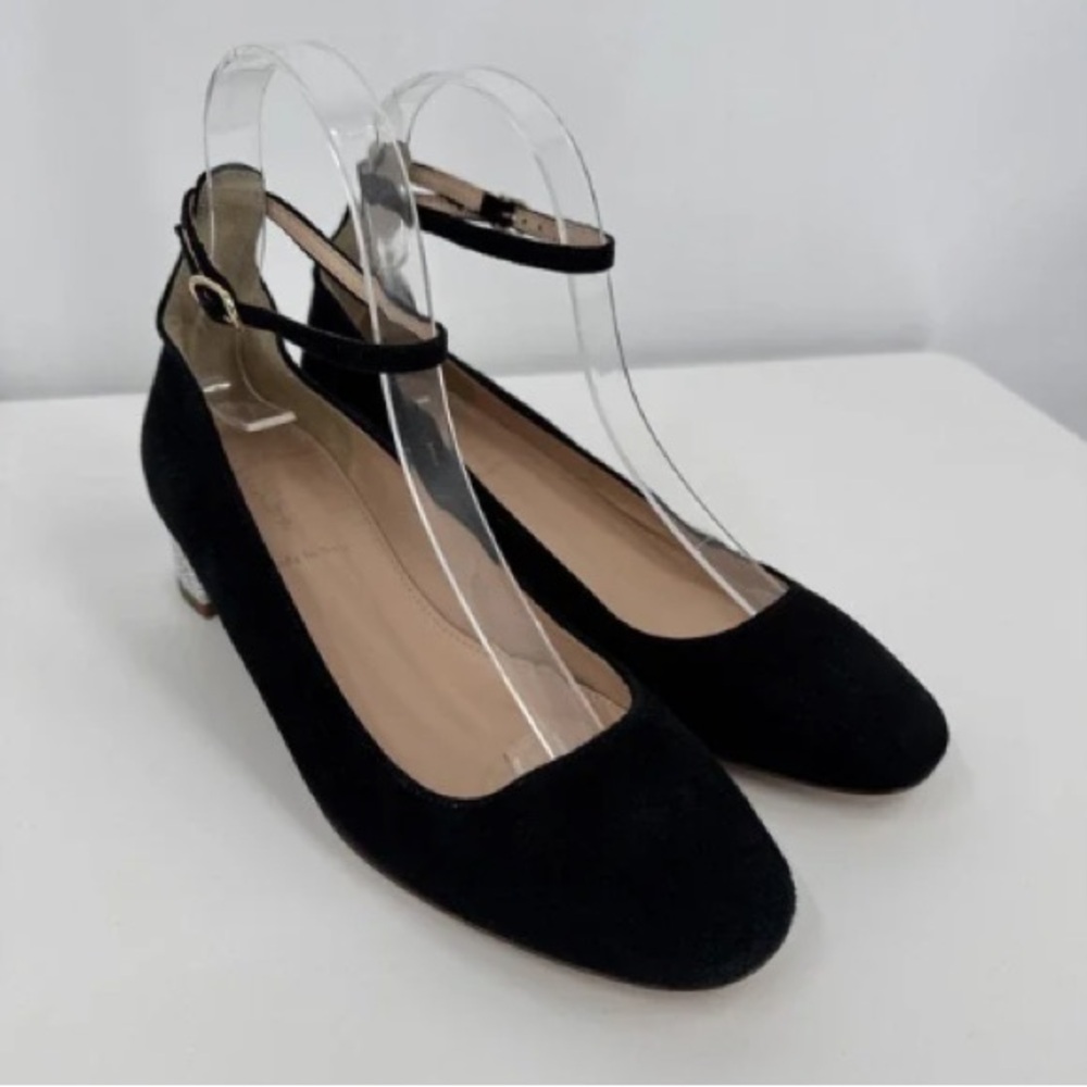 J Crew Black Suede Pumps w/ Silver Heels Size 7‎ EUC Ankle Strap Block Heel